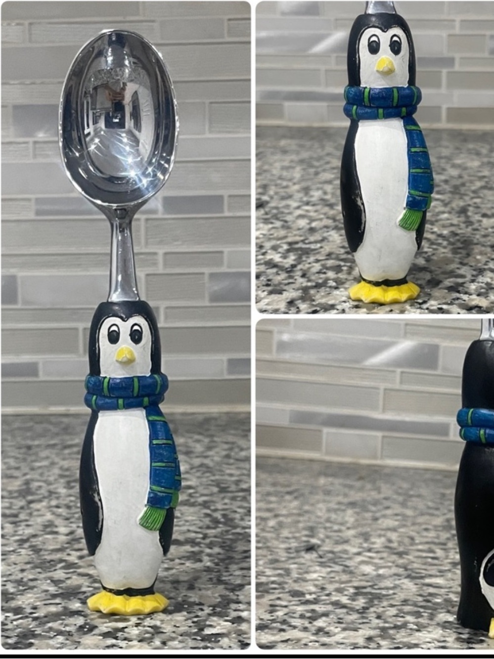 Vintage Penguin Ice Cream Scoop Blue Green Striped Scarf Like New